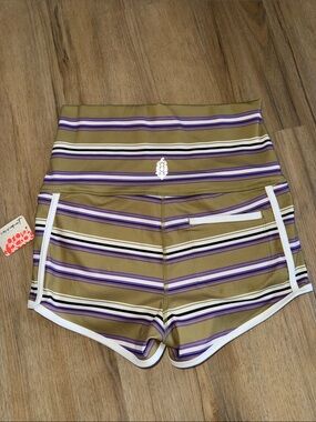 Free People Striped High-Waist Athletic Shorts - Olive, Purple & White
